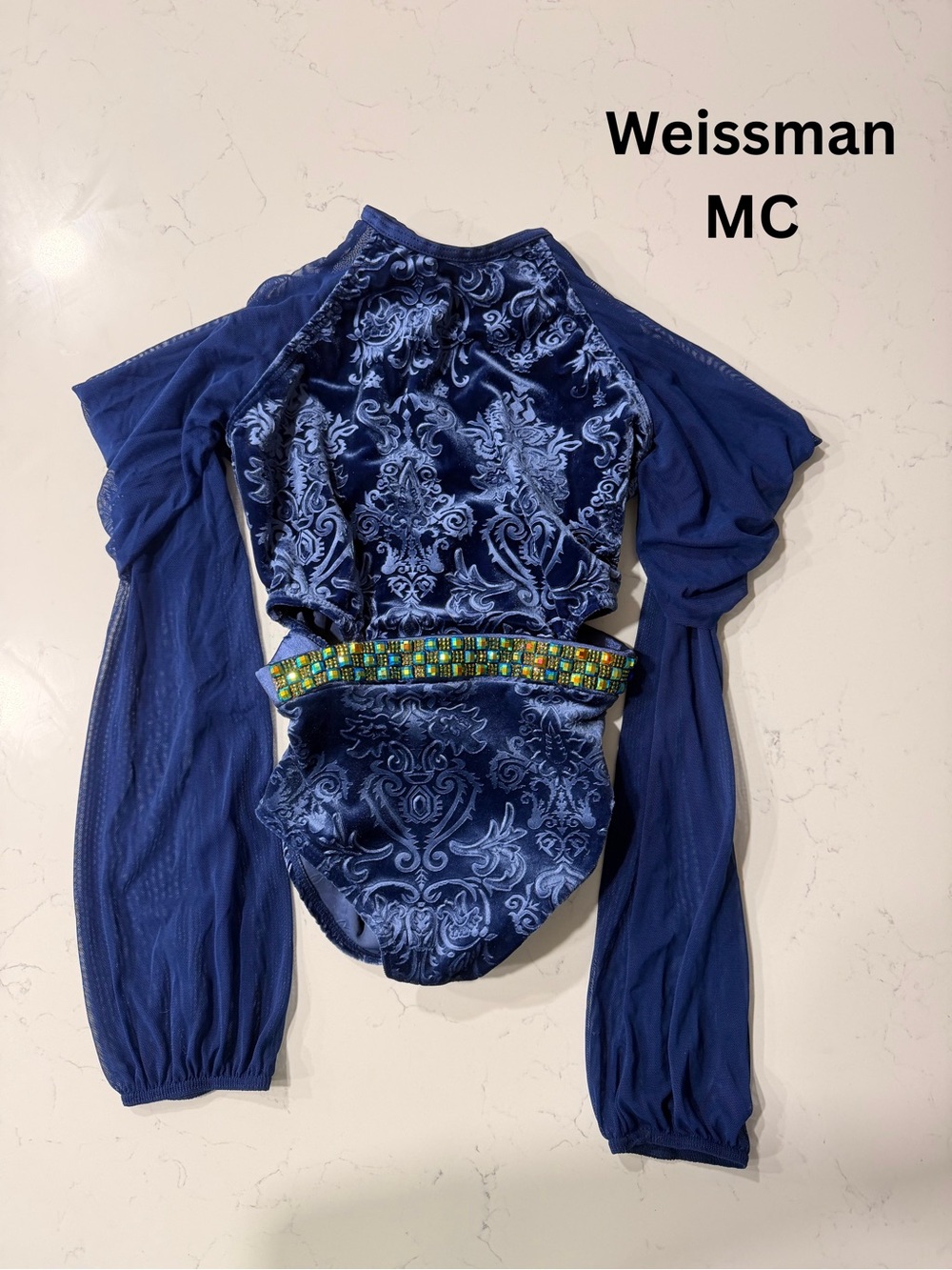 Weissman Navy Blue Velvet Bodysuit with Beaded Waist